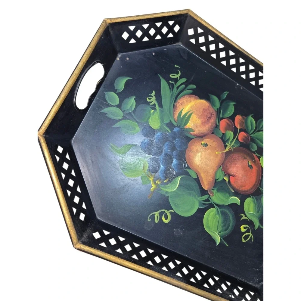 Vintage Hand Painted Tole Tray Fruit Still Life Black‎ Gold Gallery Tray